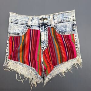 GJG Denim Patchwork Jean Shorts Women’s Medium Fringe Hem Festival Boho